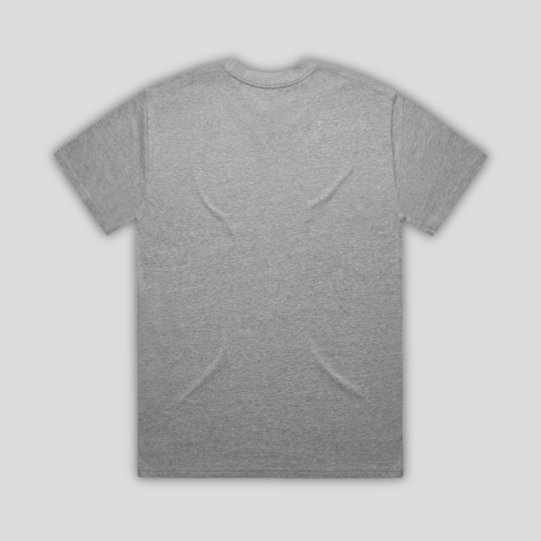 Rear view flat lay of OLTO Relaxed T-Shirt in Grey Marl highlighting the relaxed unisex fit and high-quality T-Shirt construction.