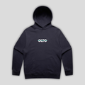 Front view flat lay of OLTO Hoodie in Ink Blue showing the signature ColourBolt chest logo and premium heavyweight fabric texture.