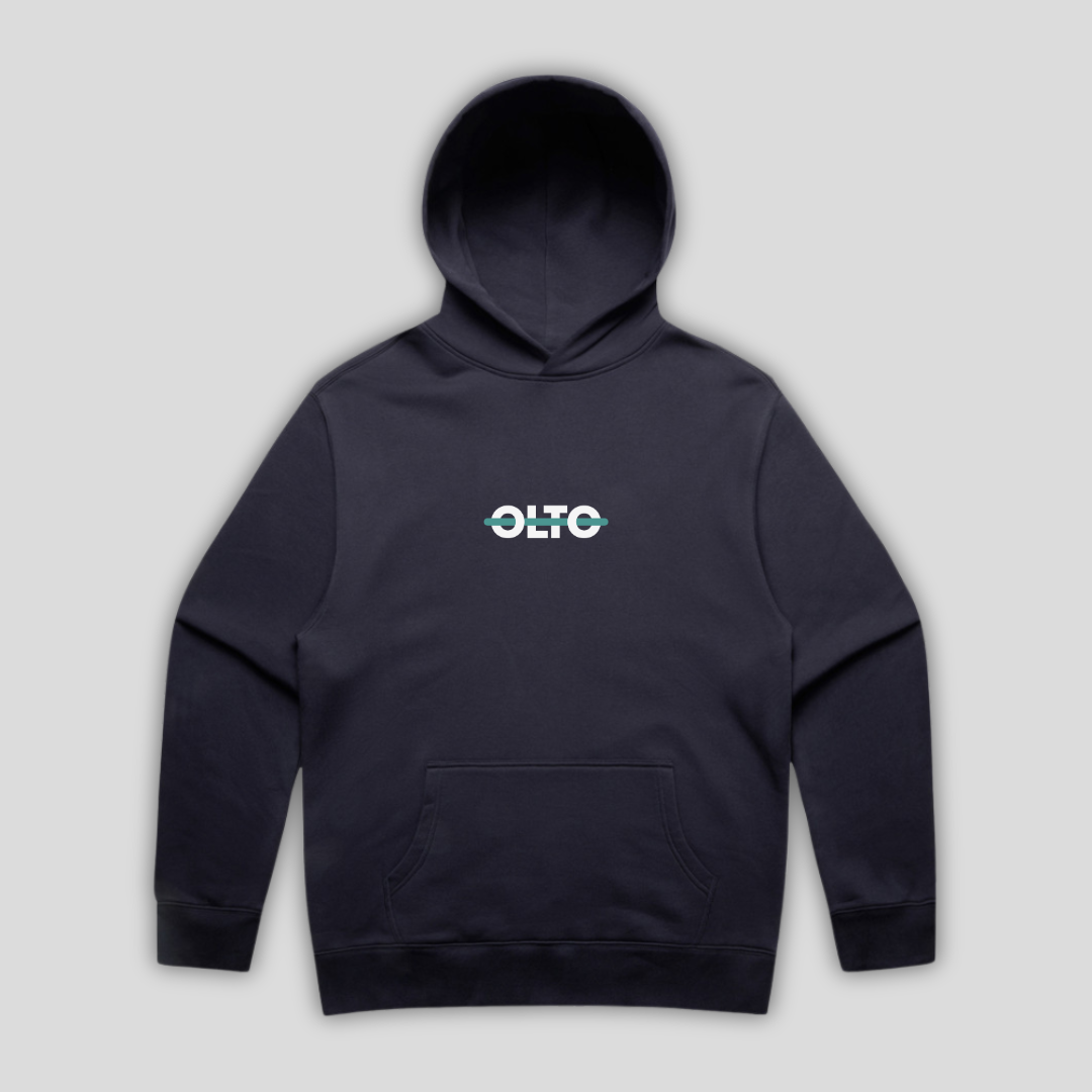 Front view flat lay of OLTO Hoodie in Ink Blue showing the signature ColourBolt chest logo and premium heavyweight fabric texture.