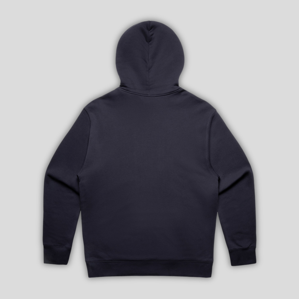 Rear view flat lay of OLTO Relaxed Hoodie in Ink Blue highlighting the relaxed unisex fit and high-quality T-Shirt construction.