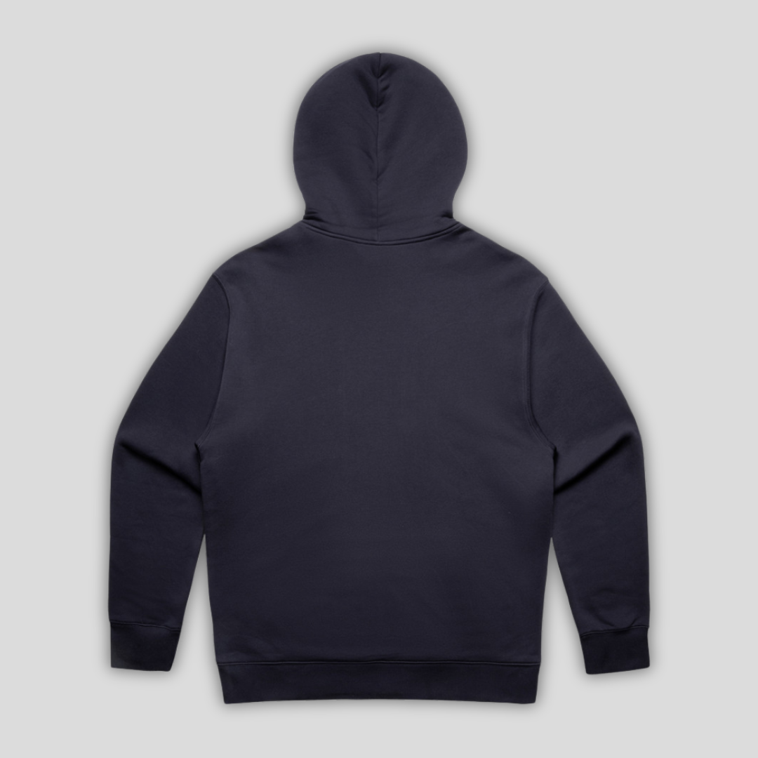 Rear view flat lay of OLTO Relaxed Hoodie in Ink Blue highlighting the relaxed unisex fit and high-quality T-Shirt construction.