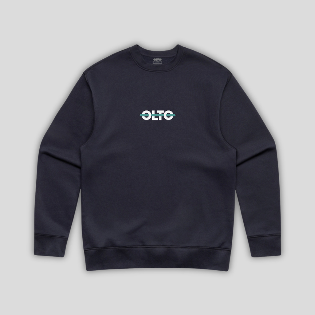 Front view flat lay of OLTO Sweater in Ink Blue showing the signature ColourBolt chest logo and premium heavyweight fabric texture.