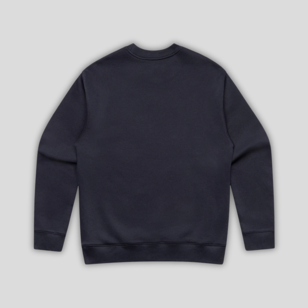 Rear view flat lay of OLTO Relaxed Sweater in Ink Blue highlighting the relaxed unisex fit and high-quality T-Shirt construction.