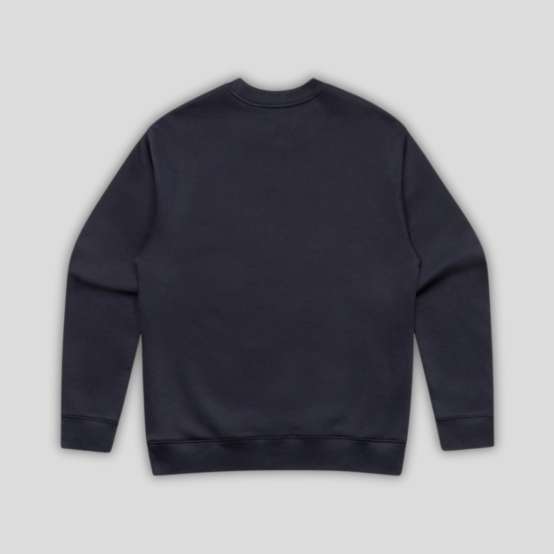Rear view flat lay of OLTO Relaxed Sweater in Ink Blue highlighting the relaxed unisex fit and high-quality T-Shirt construction.