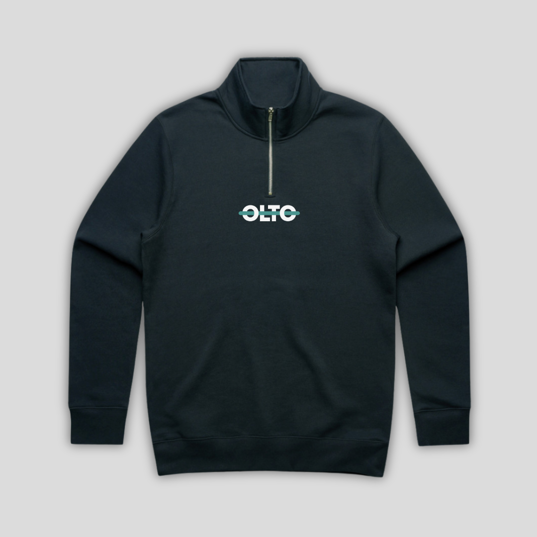 Front view flat lay of OLTO Half Zip in Navy showing the signature ColourBolt chest logo and premium heavyweight fabric texture.