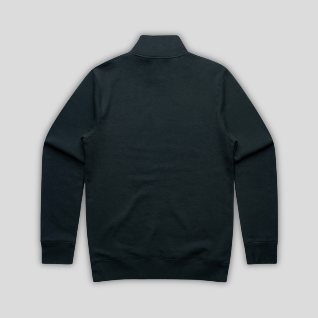 Rear view flat lay of OLTO Half Zip in Navy highlighting the relaxed unisex fit and high-quality half zip construction.
