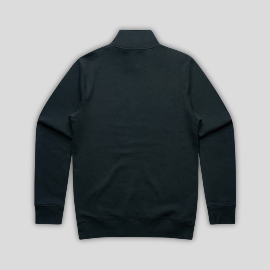 Rear view flat lay of OLTO Half Zip in Navy highlighting the relaxed unisex fit and high-quality half zip construction.