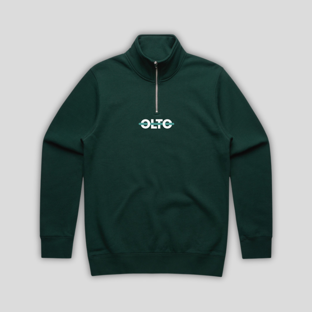 Front view flat lay of OLTO Half Zip in Pine Green showing the signature ColourBolt chest logo and premium heavyweight fabric texture.
