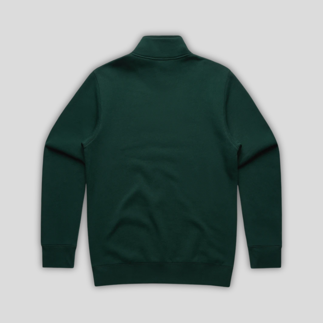 Rear view flat lay of OLTO Half Zip in Pine Green highlighting the relaxed unisex fit and high-quality half zip construction.