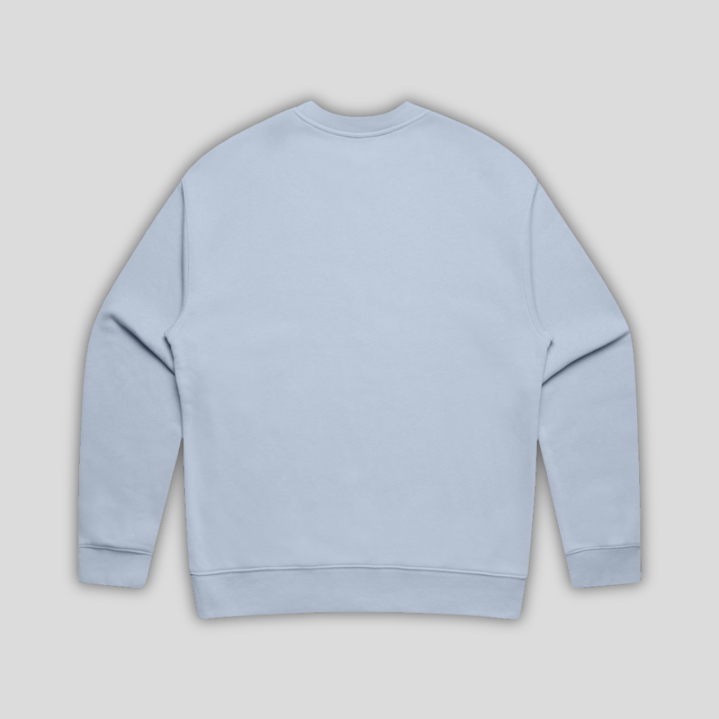 Rear view flat lay of OLTO Relaxed Sweater in Powder highlighting the relaxed unisex fit and high-quality T-Shirt construction.