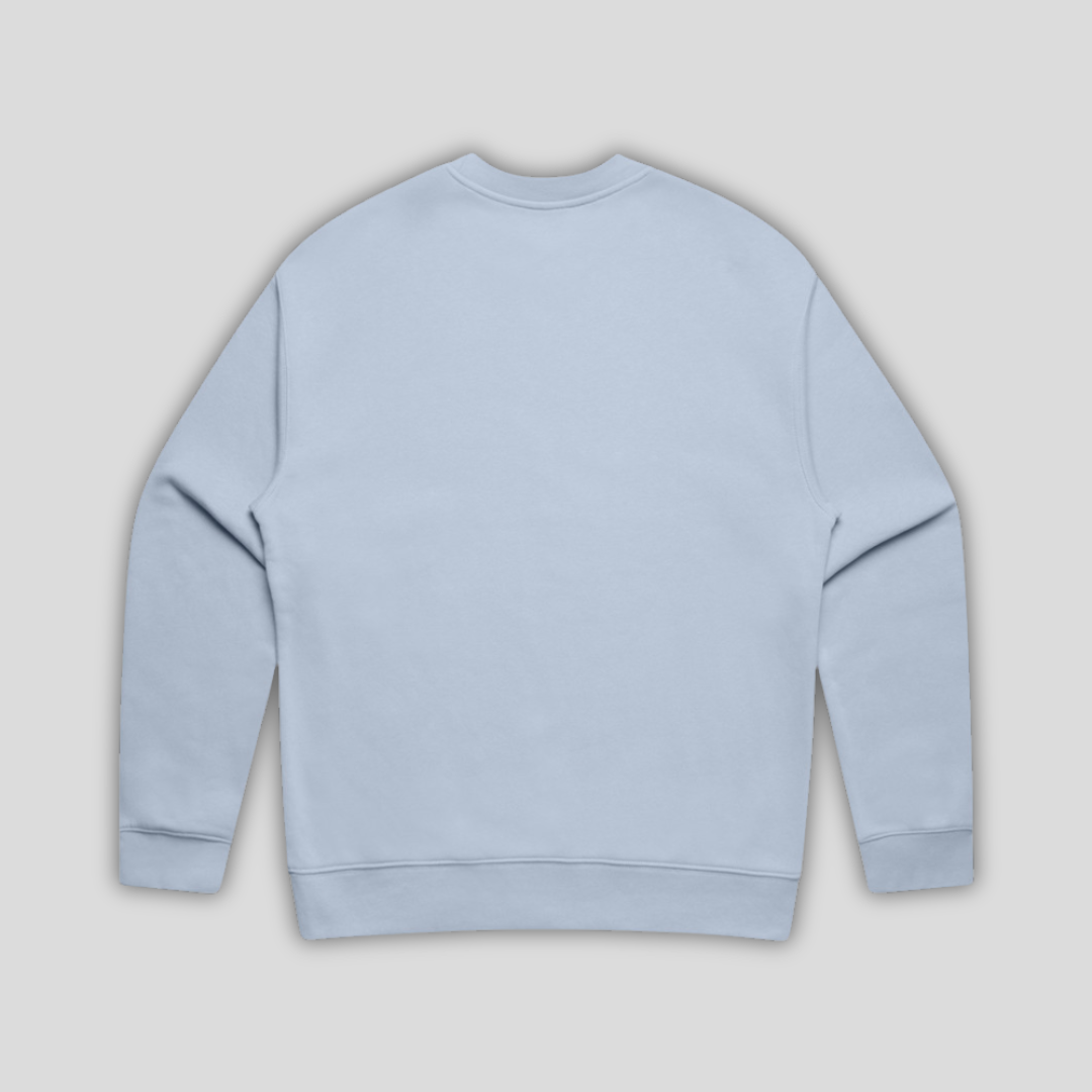 Rear view flat lay of OLTO Relaxed Sweater in Powder highlighting the relaxed unisex fit and high-quality T-Shirt construction.