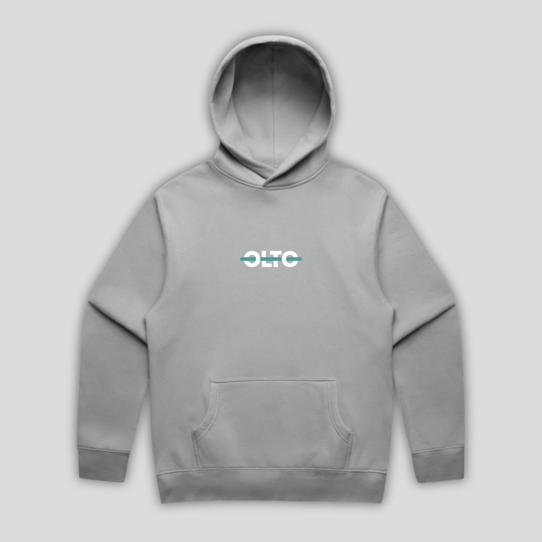 Front view flat lay of OLTO Hoodie in Storm showing the signature ColourBolt chest logo and premium heavyweight fabric texture.