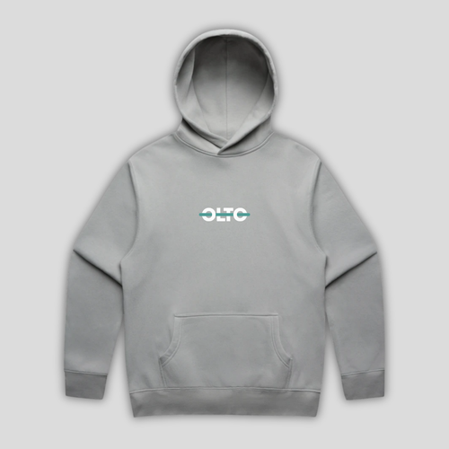 Front view flat lay of OLTO Hoodie in Storm showing the signature ColourBolt chest logo and premium heavyweight fabric texture.