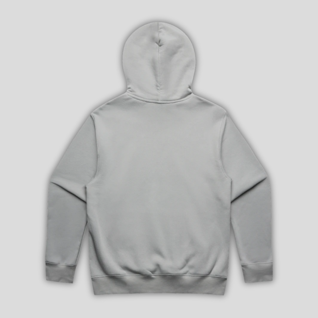 Rear view flat lay of OLTO Relaxed Hoodie in Storm highlighting the relaxed unisex fit and high-quality T-Shirt construction.