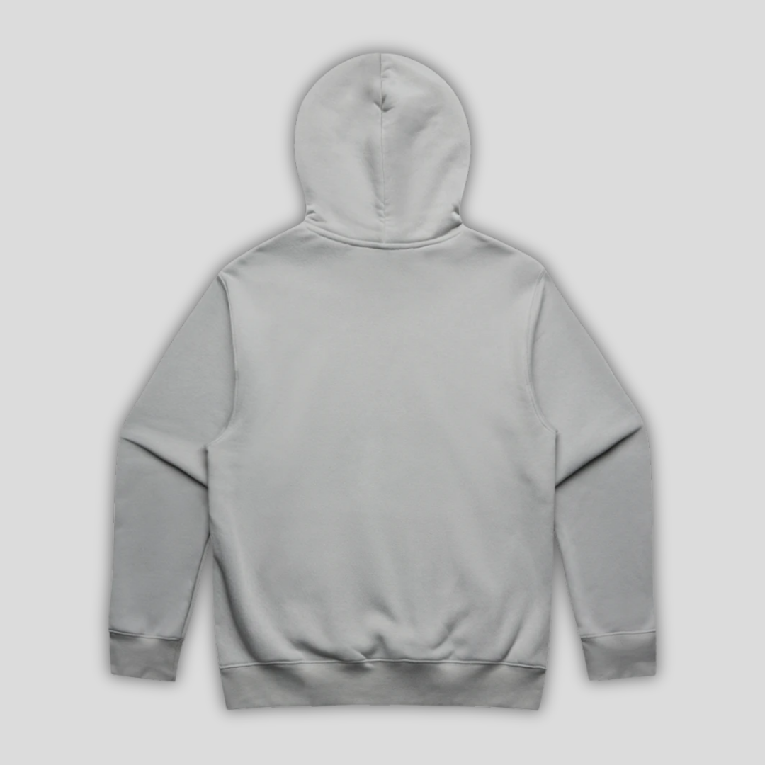Rear view flat lay of OLTO Relaxed Hoodie in Storm highlighting the relaxed unisex fit and high-quality T-Shirt construction.