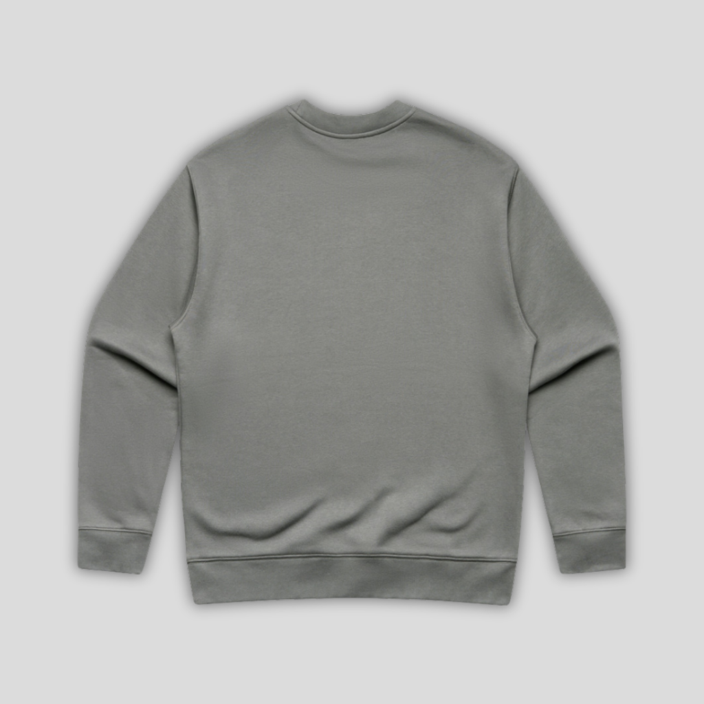 Rear view flat lay of OLTO Relaxed Sweater in Shadow highlighting the relaxed unisex fit and high-quality T-Shirt construction.