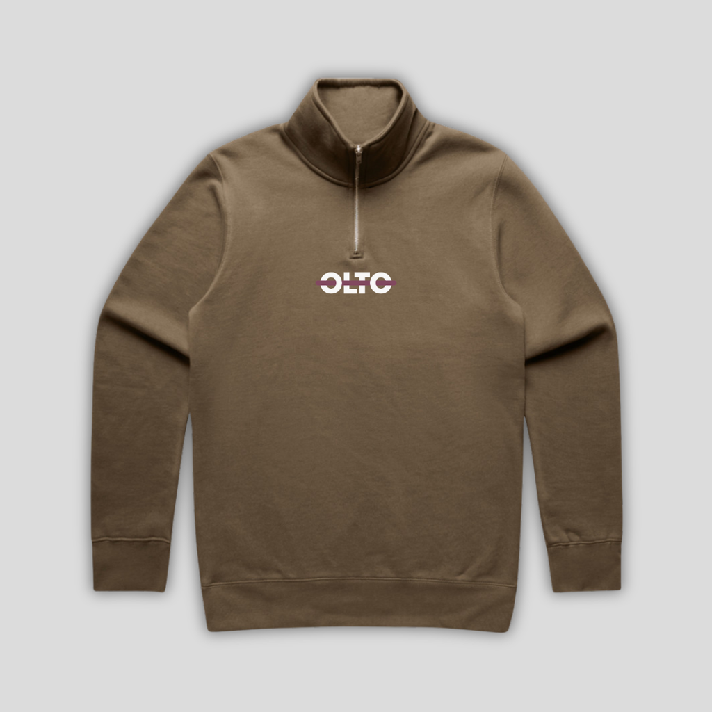 Front view flat lay of OLTO Half Zip in Walnut showing the signature ColourBolt chest logo and premium heavyweight fabric texture.