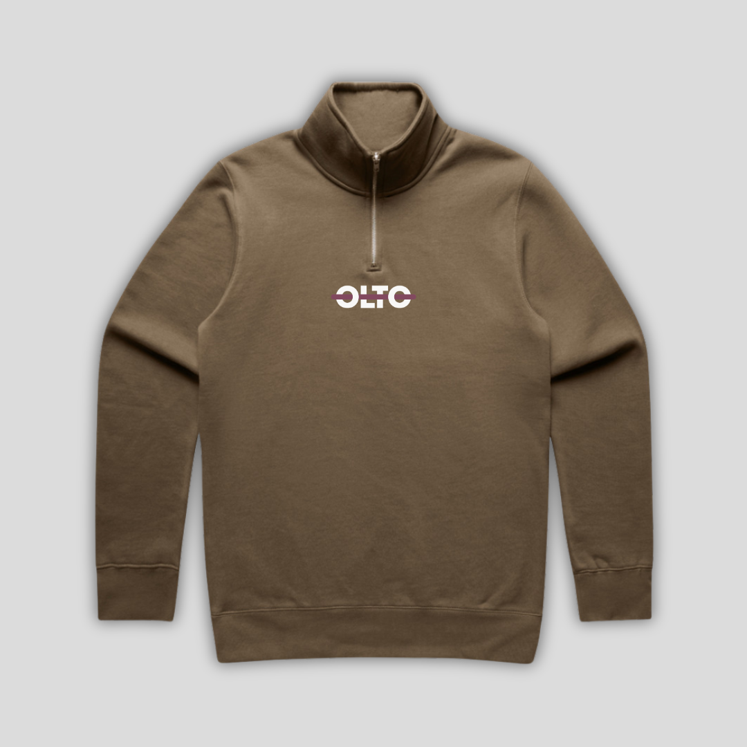 Front view flat lay of OLTO Half Zip in Walnut showing the signature ColourBolt chest logo and premium heavyweight fabric texture.