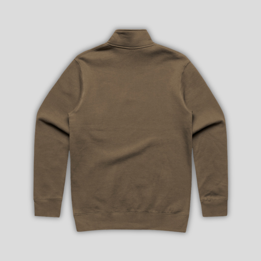 Rear view flat lay of OLTO Half Zip in Walnut highlighting the relaxed unisex fit and high-quality half zip construction.