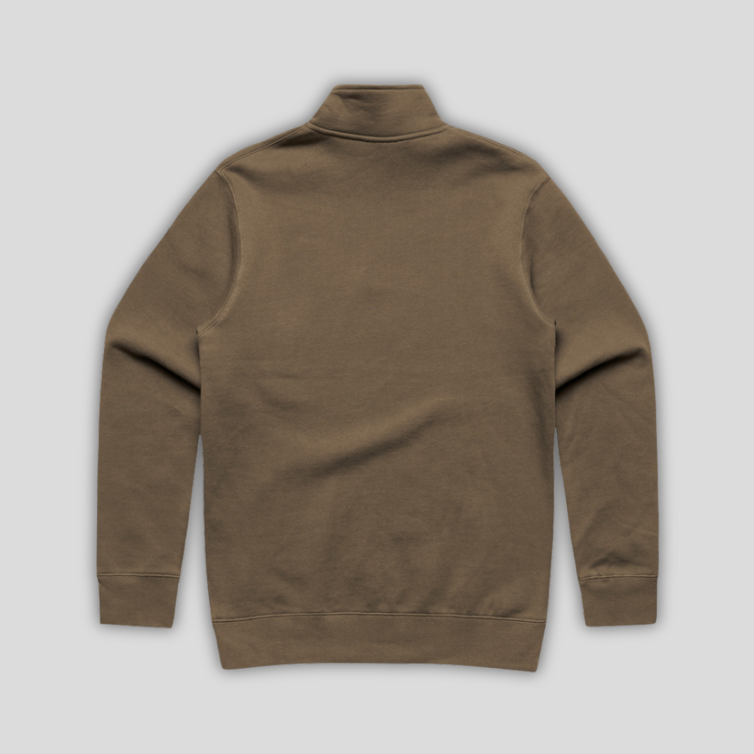 Rear view flat lay of OLTO Half Zip in Walnut highlighting the relaxed unisex fit and high-quality half zip construction.