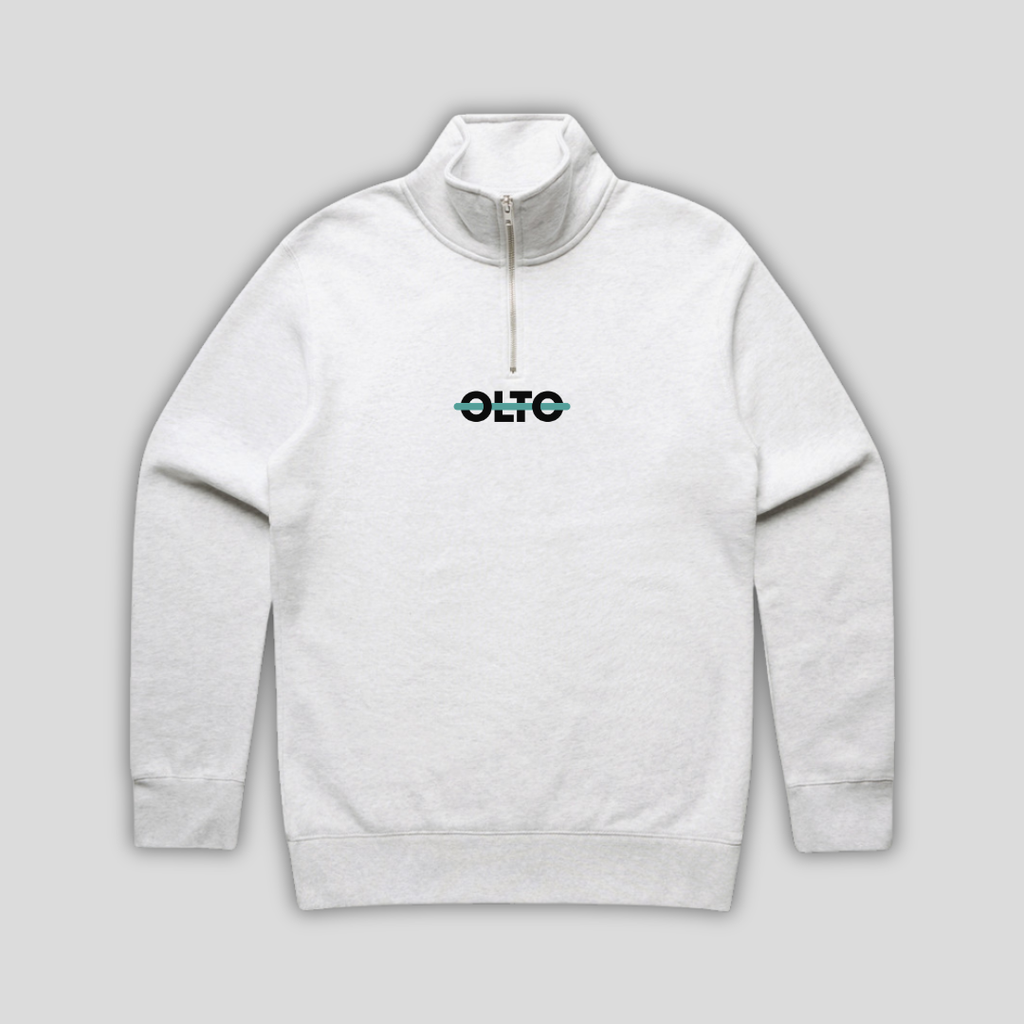 Front view flat lay of OLTO Half Zip in White Heather showing the signature ColourBolt chest logo and premium heavyweight fabric texture.