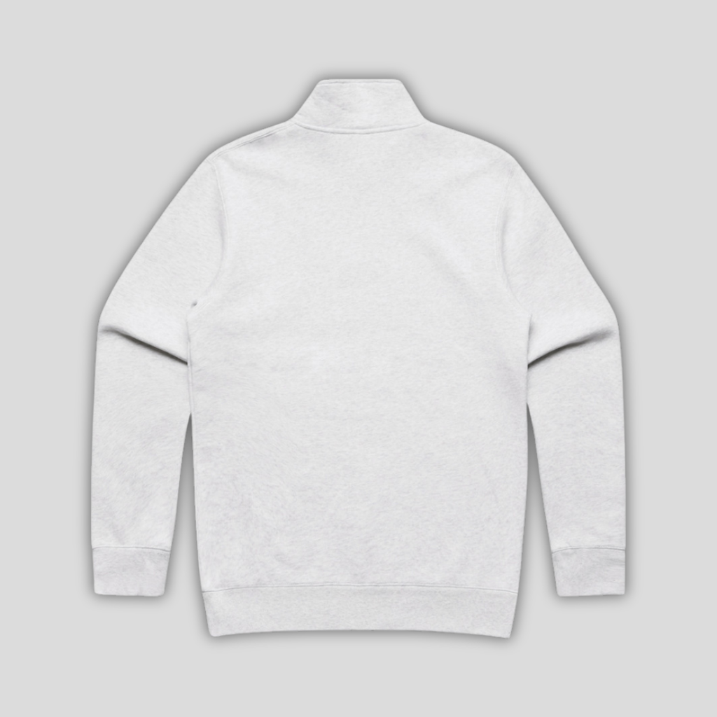 Rear view flat lay of OLTO Half Zip in White Heather highlighting the relaxed unisex fit and high-quality half zip construction.