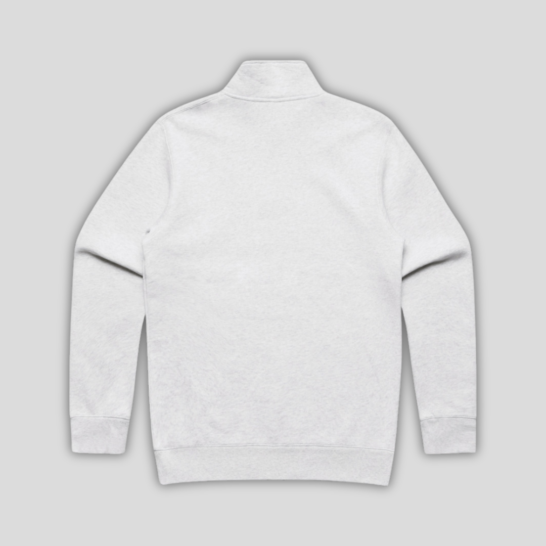Rear view flat lay of OLTO Half Zip in White Heather highlighting the relaxed unisex fit and high-quality half zip construction.