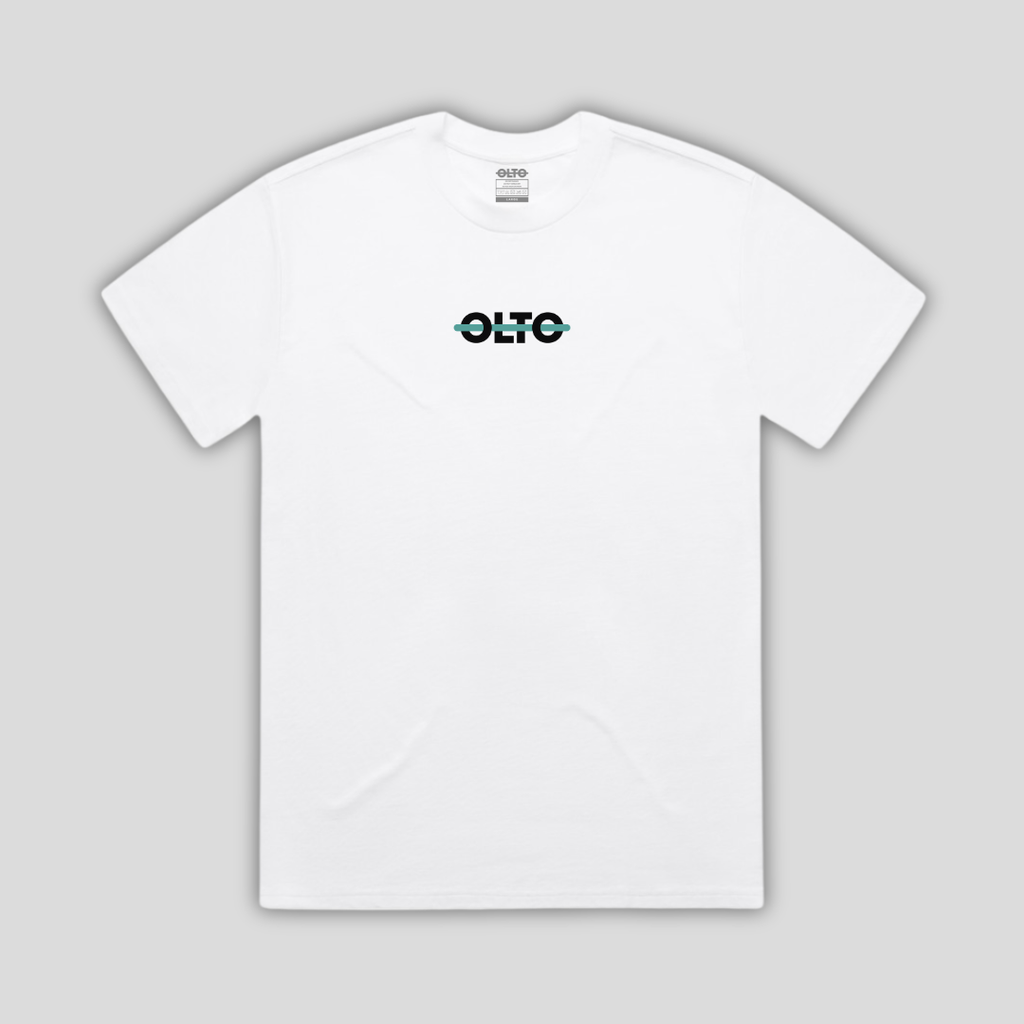 Front view flat lay of OLTO Relaxed T-Shirt in White showing the signature Colourbolt chest logo and premium heavyweight fabric texture.