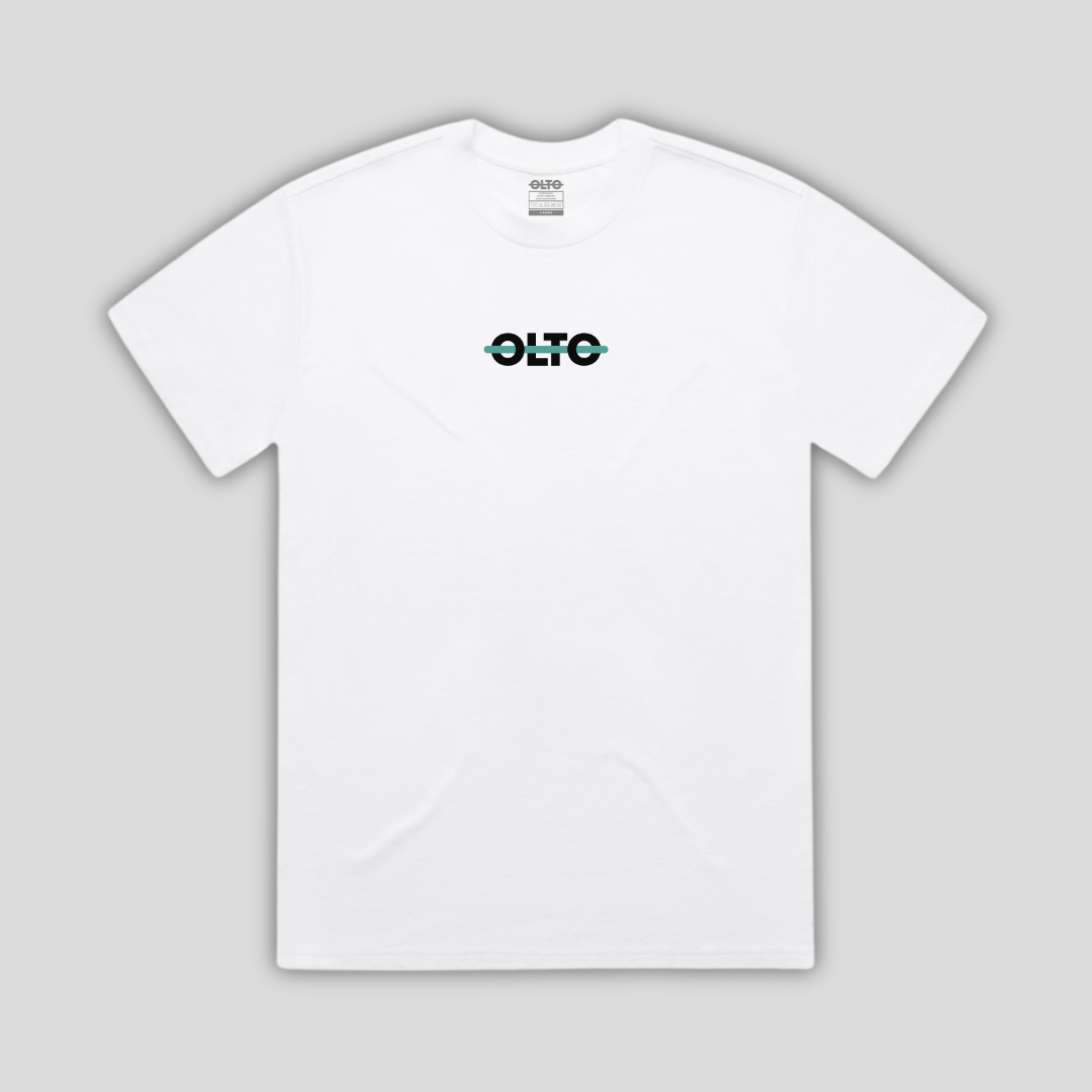 Front view flat lay of OLTO Relaxed T-Shirt in White showing the signature Colourbolt chest logo and premium heavyweight fabric texture.