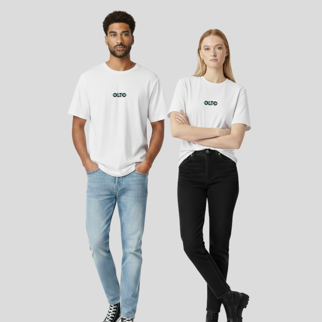 Male and female models wearing the OLTO Relaxed T-Shirt in White to demonstrate the versatile unisex relaxed fit and streetwear styling.